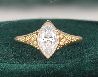 Vintage Marquise Moissanite Engagement Ring Bezel Engraved Celtic Wedding Ring Solitaire Yellow Gold Promise Ring For Women Anniversary Gift