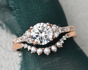 Cluster Moissanite Engagement Ring Set Rose Gold Vintage Pearls Engagement Rings Women Bridal Set Art Deco Diamond Wedding Bridal Promise