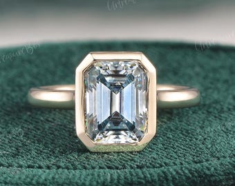 Unique 2CT Grey Moissanite Engagement Ring Emerald Cut Bezel Solid Gold Ring Emerald Hidden Halo Solitaire Ring Promise Ring Wedding Ring