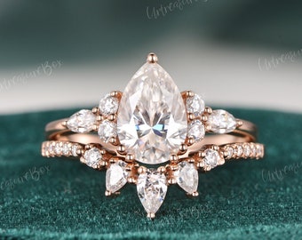 Cluster Moissanite Engagement Ring set Vintage Rose Gold Unique Engagement ring women Marquise Ring Diamond Wedding Bridal Promise Ring