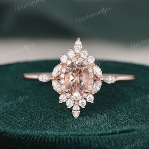 Double Halo Morganite Engagement Ring Vintage Oval Cut Morganite Rose Gold Engagement Ring Cluster Ring Flower Diamond Art Deco Promise Ring