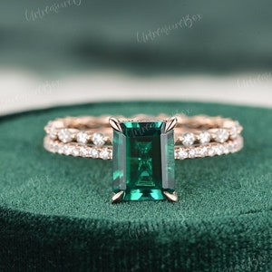 2.5ct Emerald Cut Emerald Engagement Ring Set Woman Hidden Halo Yellow Gold Bridal Set Classic Marquise Diamond Stacking Ring Anniversary