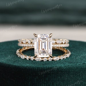 Hidden Halo Emerald Cut Engagement Rings Moissanite Engagement Ring Emerald Cut Wedding Ring Set Vintage Rose Gold Bridal Set Eternity Ring