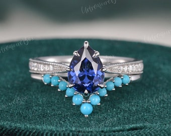 Pear Shaped Sapphire Bridal Set White Gold Sapphire Engagement Solitaire Ring Set Women Turquoise Wedding Bridal Ring Birthstone Stacking