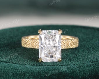 Anello di fidanzamento con diamante sintetico taglio radiante inciso, fede nuziale vittoriana a stella con motivo a quadrifoglio in oro massiccio, anello di promessa unico con griffe a foglia