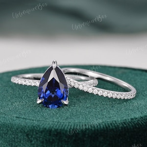 Sapphire Engagement Ring Set 14K White Gold Ring Hidden Halo Pear Shaped Sapphire Ring Classic Sapphire Bridal Set September Birthstone Ring
