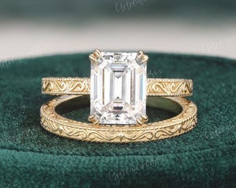 Vintage Emerald Cut Moissanite Engagement Ring Set Nature Inspired Vine Engraved Bridal Set Hidden Halo Victorian Yellow Gold Promise Ring