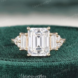 Emerald Cut  Engagement Ring 14K Yellow Gold Art Deco Moissanite Wedding Ring Vintage Ring Unique Promise Ring Three Stone Anniversary Ring