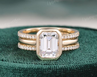 Bezel Set Emerald Cut Moissanite Engagement Ring Set Unique Hidden Halo Yellow Gold Vintage Stacking Ring Set Enhancer Band Retro Art Deco