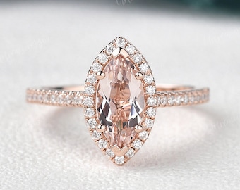 Marquise Shape Morganite Engagement Ring Vintage Rose Gold Art Deco Morganite Wedding Ring Unique Halo Diamond Half Eternity Promise Ring