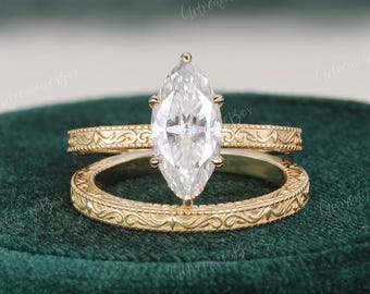 Vintage Marquise Moissanite Engagement Ring Set Nature Inspired Vine Engraved Bridal Set Floral Hidden Halo Yellow Gold Wedding Promise Ring