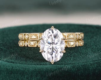Vintage Oval Moissanite Engagement Ring Set Engraved Leaf Bridal Set Solid Gold Flower Basket Wedding Ring Women Promise Anniversary Ring