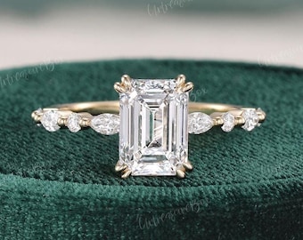 Anel de noivado exclusivo com diamante cultivado em laboratório de 2 quilates e corte esmeralda, halo oculto, anel de diamante certificado pela IGI, anel de casamento delicado em ouro amarelo, estilo Art Déco