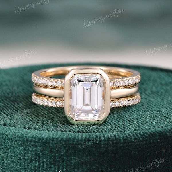Bezel Set Emerald Cut Moissanite Engagement Ring Set Unique Hidden Halo Yellow Gold Vintage Stacking Ring Set Enhancer Band Retro Art Deco