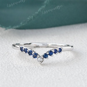 Sapphire and Pearl Wedding Band White Gold Curved Wedding Band Women Vintage Wedding Ring Art Deco Custom Fit Matching Ring Anniversary Gift
