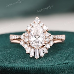 1.5ct Moissanite Braut Set Rosegold Vintage Moissanite Verlobungsring Ehering Baguette CZ Stacking Ring Art Deco Versprechen