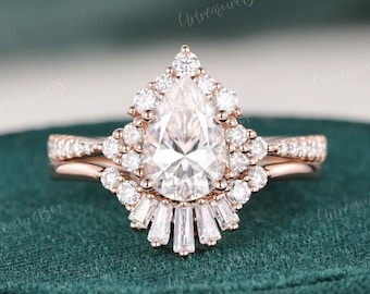 1.5ct Moissanite Bridal Set Rose Gold Vintage Pear Shaped Moissanite Engagement Ring Wedding Ring Baguette CZ Stacking Ring Art Deco Promise
