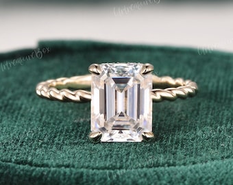 Emerald Cut Moissanite Engagement Ring Twisted Ring 2.5CT Hidden Halo Yellow Gold Vintage Engagement Ring Unique Anniversary Ring Women