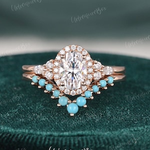 Vintage Moissanite Wedding Ring Set Oval Halo Moissanite Engagement Ring Rose Gold Turquoise Stacking Ring Brilliant Unique Bridal Promise