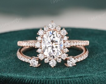 Vintage Moissanit Braut Set Rosegold Brautring Oval Moissanit Ring offenes Ehering Schneeflocke Ring Halb Eternity Art Deco Versprechen