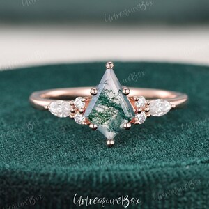 Rose Gold Kite Cut Green Moss Agate Ring Moss Agate Engagement Ring Cluster Kite Cut Wedding Ring Women Unique Mysterious Promise Ring Gift