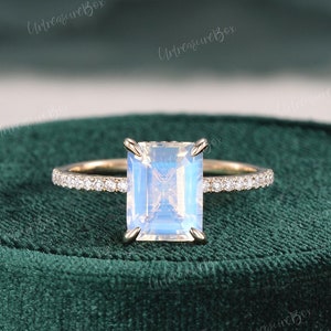 Hidden Halo Emerald Cut Moonstone Engagement Ring Rose Gold Carat Choice Moonstone Wedding Ring Women Solitaire Promise Ring Anniversary