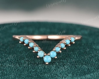 Turquoise Wedding Band Women Rose Gold V Shaped Curved Wedding