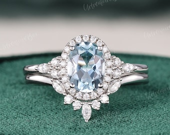 Double Halo Ring Aquamarine White Gold Engagement Ring Set Vintage Oval Cut Aquamarine Bridal Set Wedding Ring Antique Art deco Promise Ring