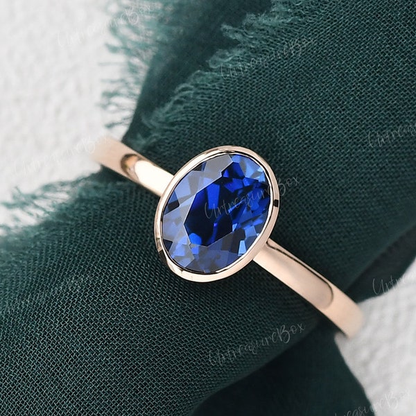 Oval Lab Sapphire Engagement Ring Rose Gold Sapphire Ring Solitaire Ring Classic Ring September Birthstone Bezel Setting Anniversary Gift