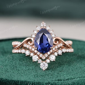 Vintage Blue Sapphire Engagement Ring Set Rose Gold Pear Lab Sapphire Wedding Set Unique Vine Infinity Brilliant Halo Ring Bridal Set Women