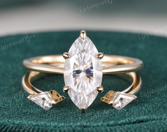 Hidden Halo Marquise Moissanite Engagement Ring Set Kite Cut Moissanite Wedding Set Simple Yellow Gold Bridal Set Solitaire Promise Ring