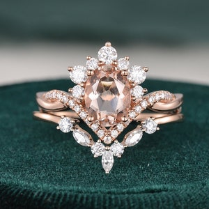 Vintage Morganite Engagement Ring Set Oval Cut Morganite Ring Infinity Rose Gold Bridal Set Twisted Band Cluster Brilliant Halo Ring Women