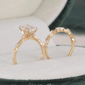 Leaf Engraved Emerald Cut Moissanite Engagement Ring Set Yellow Gold Cluster Marquise half Eternity Band Floral Hidden halo Wedding Ring Set