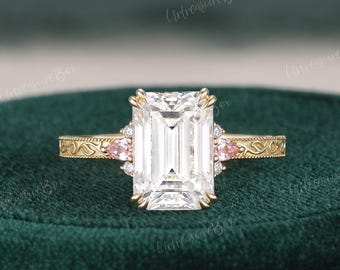Vintage Emerald Cut Moissanite Engagement Ring Yellow Gold Engraved Vine Leaf Victorian Women Wedding Ring Hand Carved Cluster Promise Ring
