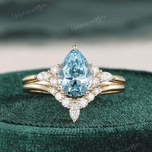 Pear Blue Lab Grown Diamond Engagement Ring Set Unique Yellow Gold Bridal Set Women Marquise Diamond Band Wedding Ring Set Promise Ring