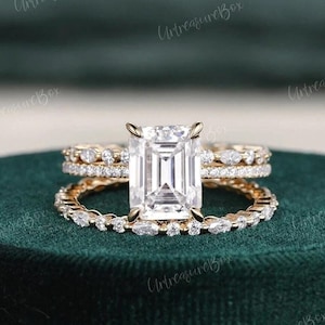 Hidden Halo Emerald Cut Engagement Rings Moissanite Engagement Ring Emerald Cut Wedding Ring Set Vintage Rose Gold Bridal Set Eternity Ring