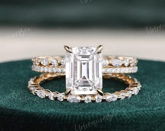 Hidden Halo Emerald Cut Engagement Rings Moissanite Engagement Ring Emerald Cut Wedding Ring Set Vintage Rose Gold Bridal Set Eternity Ring