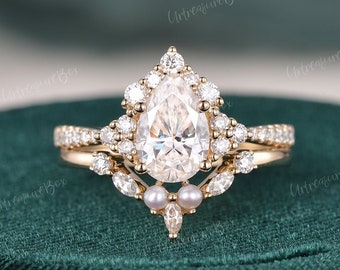 Vintage 1.5ct Moissanit Verlobungsring Set RoseGold Perlen und Moissanit Ehering Art Deco Unikat Braut Set Cluster Ring Jahrestag