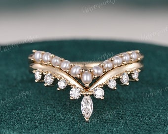 Double Chevron Wedding Band Pearl V Shaped Wedding Ring Enhancer Yellow Gold Women Leaf Marquise Wedding Band Stacking Ring Unique Matching
