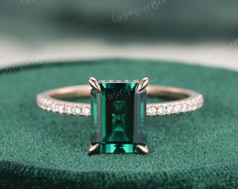 2.5ct Green Emerald Engagement Ring Rose Gold Hidden Halo Emerald Cut Engagement Ring Women Vintage Claw prongs Promise Ring Anniversary