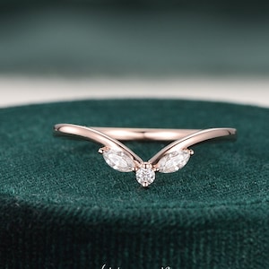 V Shaped Wedding Band Women Rose Gold Three Stones ring Enhance Unique Marquise Diamond Wedding Band Stacking Ring Chevron Band Custom fit