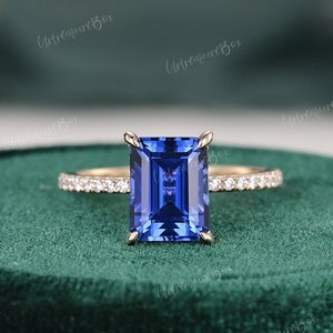 8x10mm Blue Sapphire Engagement Ring Hidden Halo Emerald Cut Lab Sapphire Engagement Ring Women Gold Wedding Ring Promise Ring Anniversary