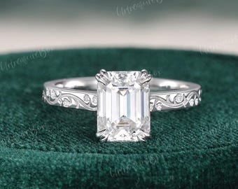 Vintage Emerald Cut Moissanite Engagement Ring Lily Of The Valley Nature Inspired Engraved Wedding Ring Solitaire White Gold Promise Ring
