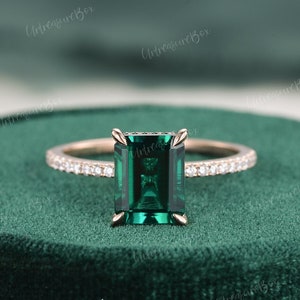 2.5ct Green Emerald Engagement Ring Rose Gold Hidden Halo Emerald Cut Engagement Ring Women Vintage Claw prongs Promise Ring Anniversary