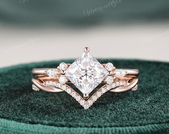 Princess Cut Moissanite Engagement Ring Set Unique Twisted Wedding