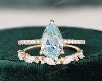 2ct Natural Aquamarine Engagement Ring Set Hidden Halo Aquamarine
