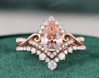 Vintage Morganite Engagement Ring Set Rose Gold Pear Shape Morganite Wedding Set Unique Vine Infinity Twisted Band Ring Bridal Set Art Deco