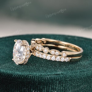 2ct Oval Cut Moissanite Engagement Ring Set Vintage Hidden Halo Moissanite Wedding Ring Set Yellow Gold Bridal Set  Solitaire Promise Ring