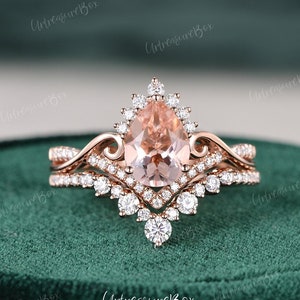 Vintage Morganite Engagement Ring Set Rose Gold Pear Shape Morganite Wedding Set Unique Vine Infinity Twisted Band Ring Bridal Set Art Deco