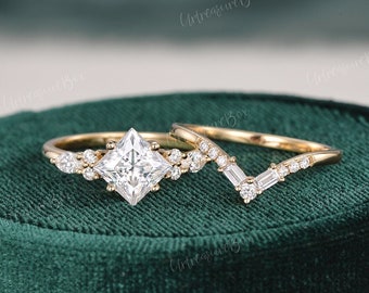 Lab Grown Diamond Princess Cut Engagement Ring Set Solid 14K Yellow Gold Diamond Ring Marquise Baguette Diamond Ring Bridal Set Unique Ring